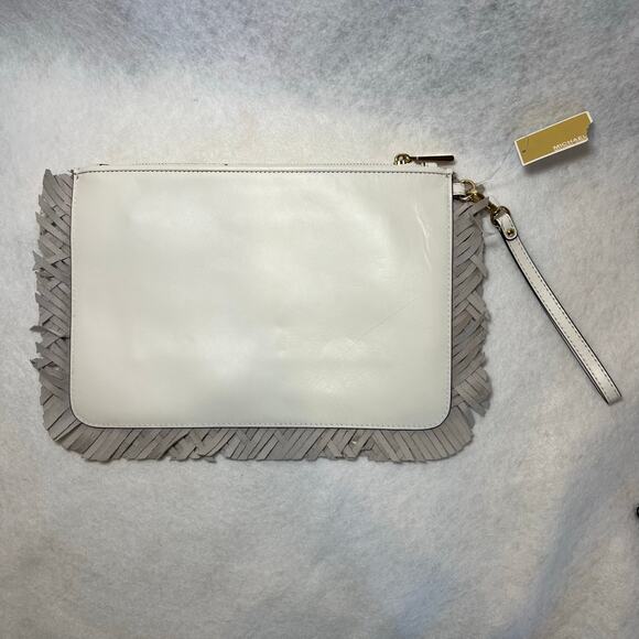 NWT Michael Kors Jet Set Woven Fray Edge Optic White Zip Pouch Clutch Wristlet - Picture 4 of 10